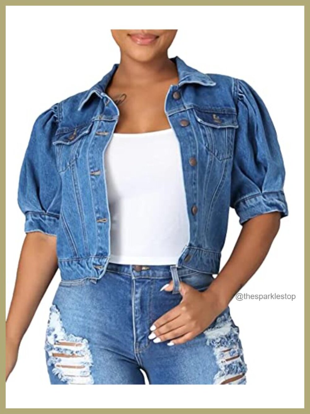Cropped Denim Jacket Puff Short Sleeve Button Down Women's Polyester Coat